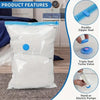 White vacuum compression bags for clothes and bedding shown with features like double zipper seal, triple seal turbo valve, a