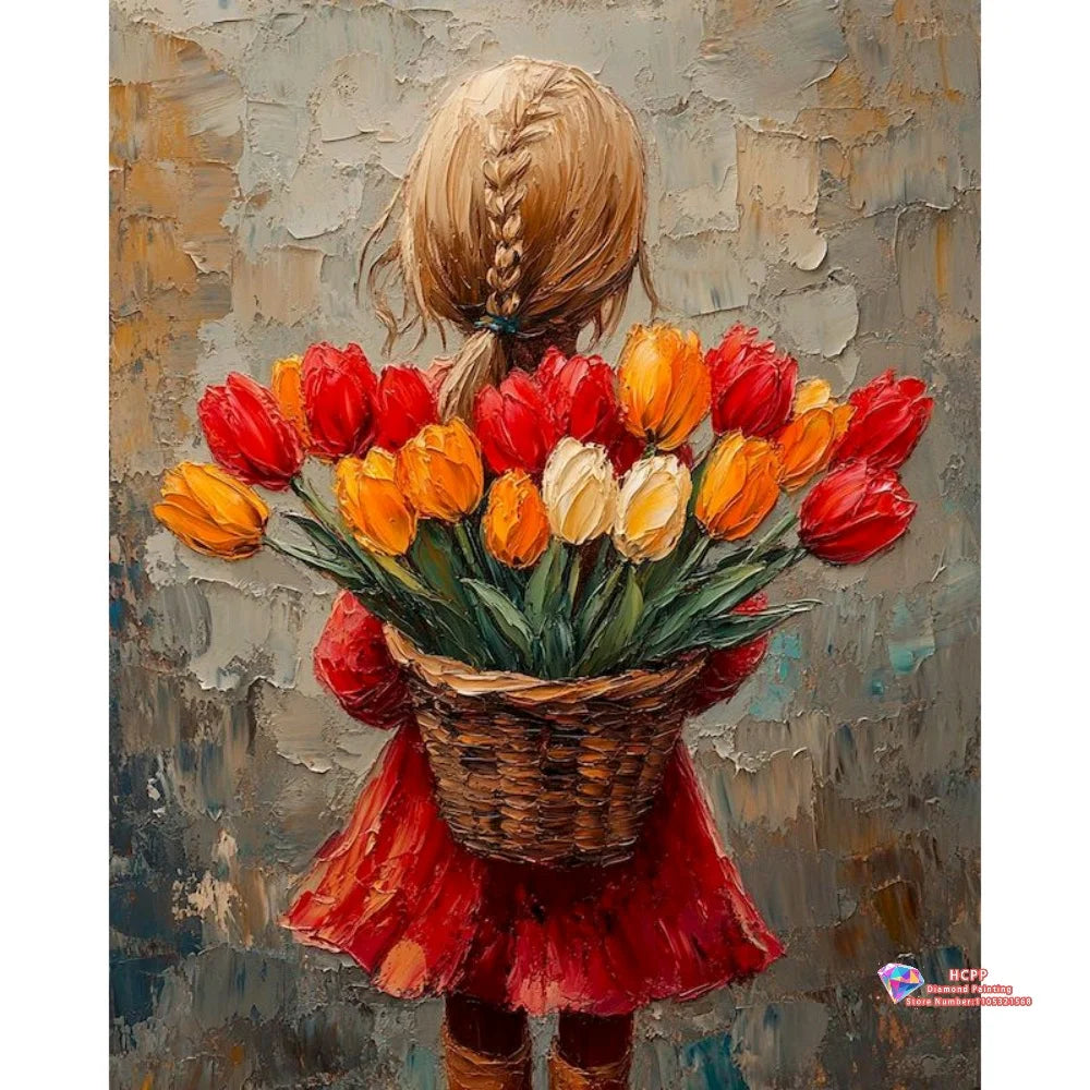 A painting of a young girl with braided hair holding a bouquet of red and orange tulips.