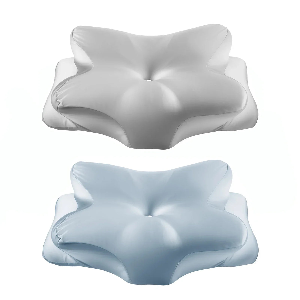 A light blue, smooth satin-like zippered cervical pillowcase shown from above.