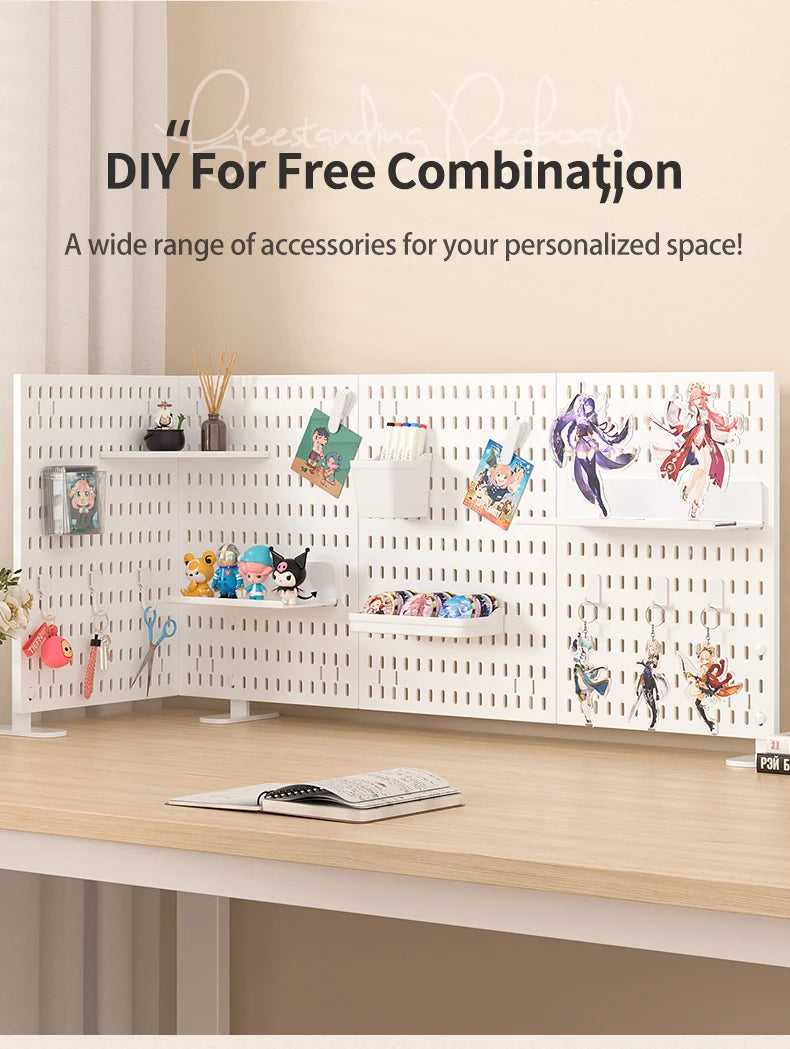 A white desktop pegboard organizer with shelves and hooks displaying various accessories for a personalized space.
