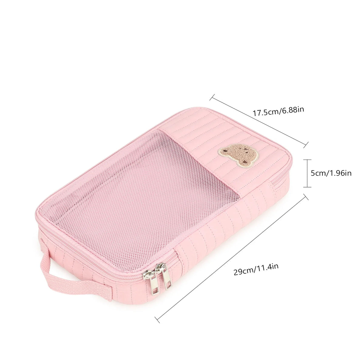 Pink stroller hanging diaper bag with separate storage featuring a mesh pocket and a decorative patch.