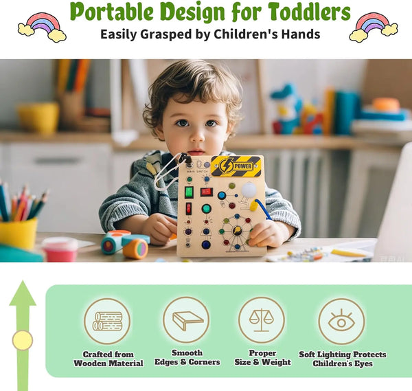 A wooden busy board with LED switch lights designed for toddlers, featuring smooth edges and proper size and weight.