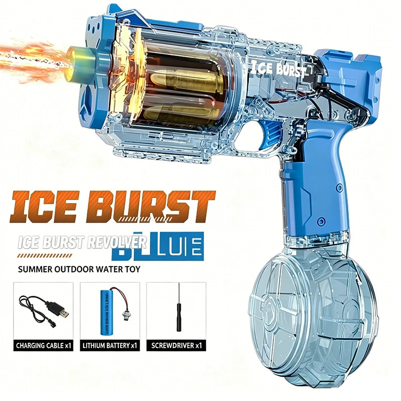 Blue Ice Burst revolver water toy with charging cable and screwdriver accessories