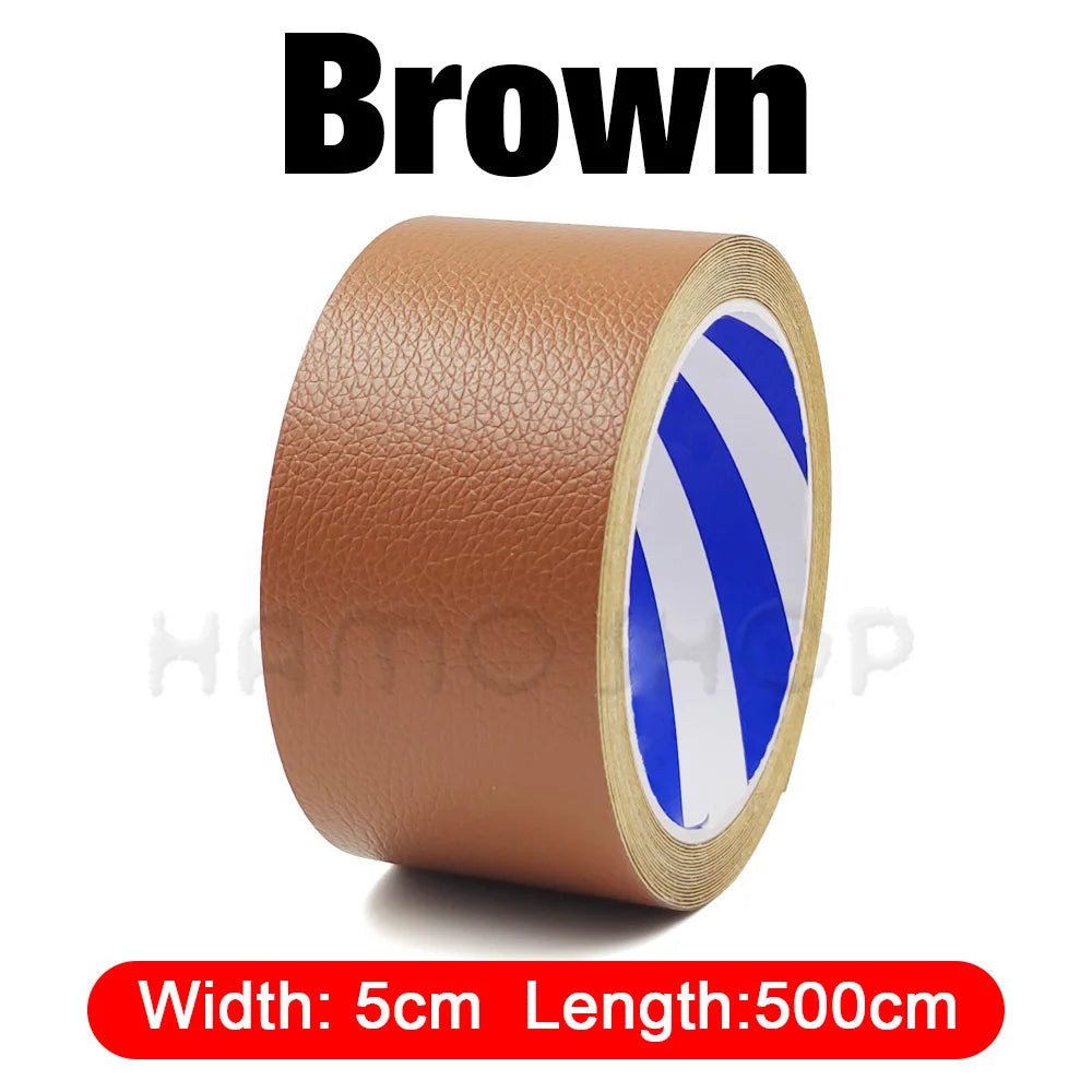 Brown self-adhesive PU leather repair patch roll with blue stripes, measuring 5cm wide by 500cm long.