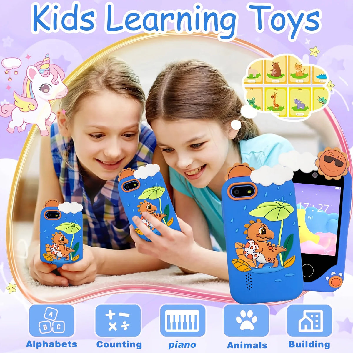 Two girls are playing with a kids learning toy smartphone featuring animals and educational games.