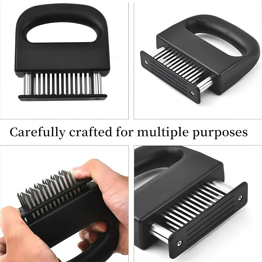 Black meat tenderizer with stainless steel needles and safety guard shown in various angles