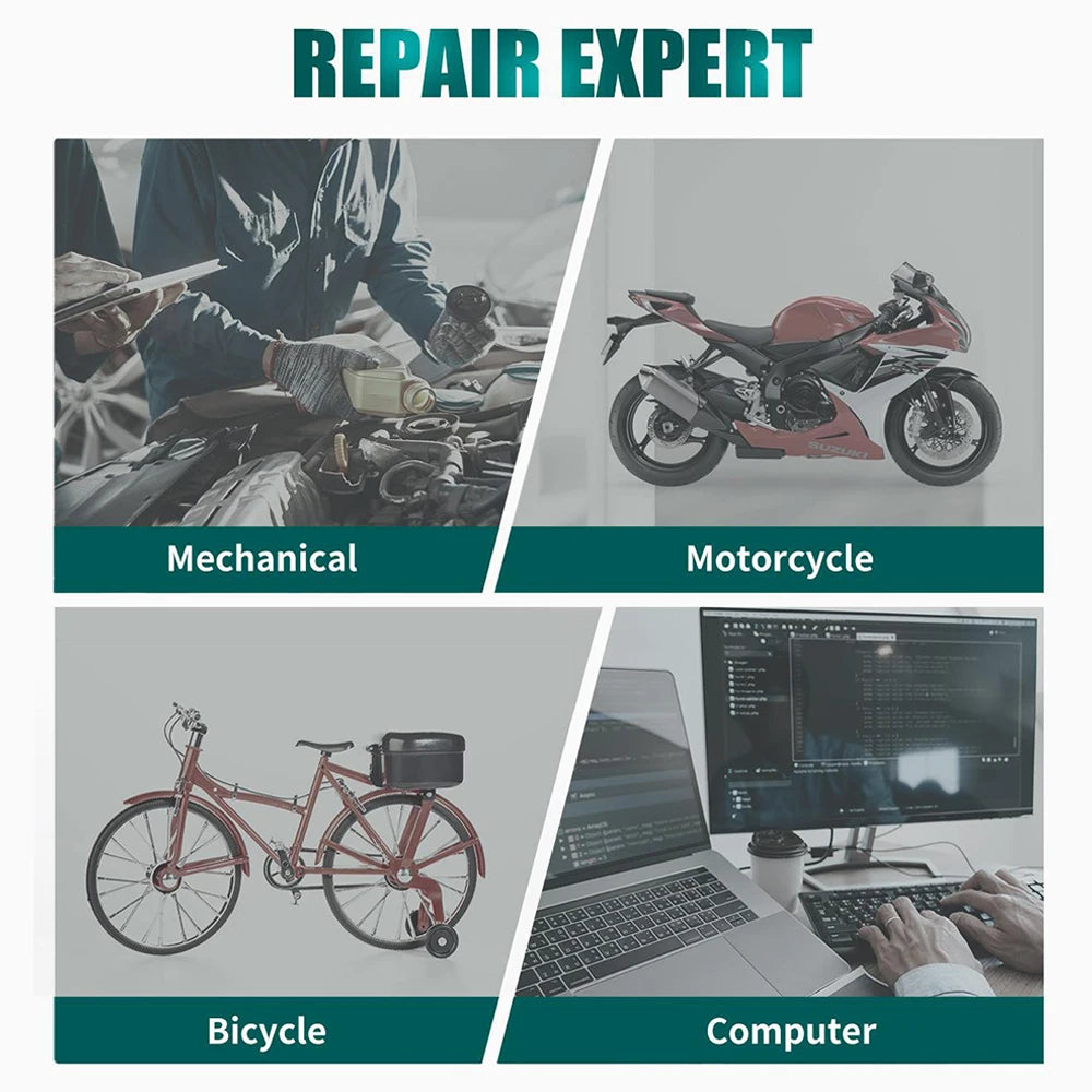 Repair expert graphic showing tools for mechanical, motorcycle, bicycle, and computer repair.