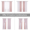 Four creative combinations of dual layer window curtains featuring pink and sheer fabric.