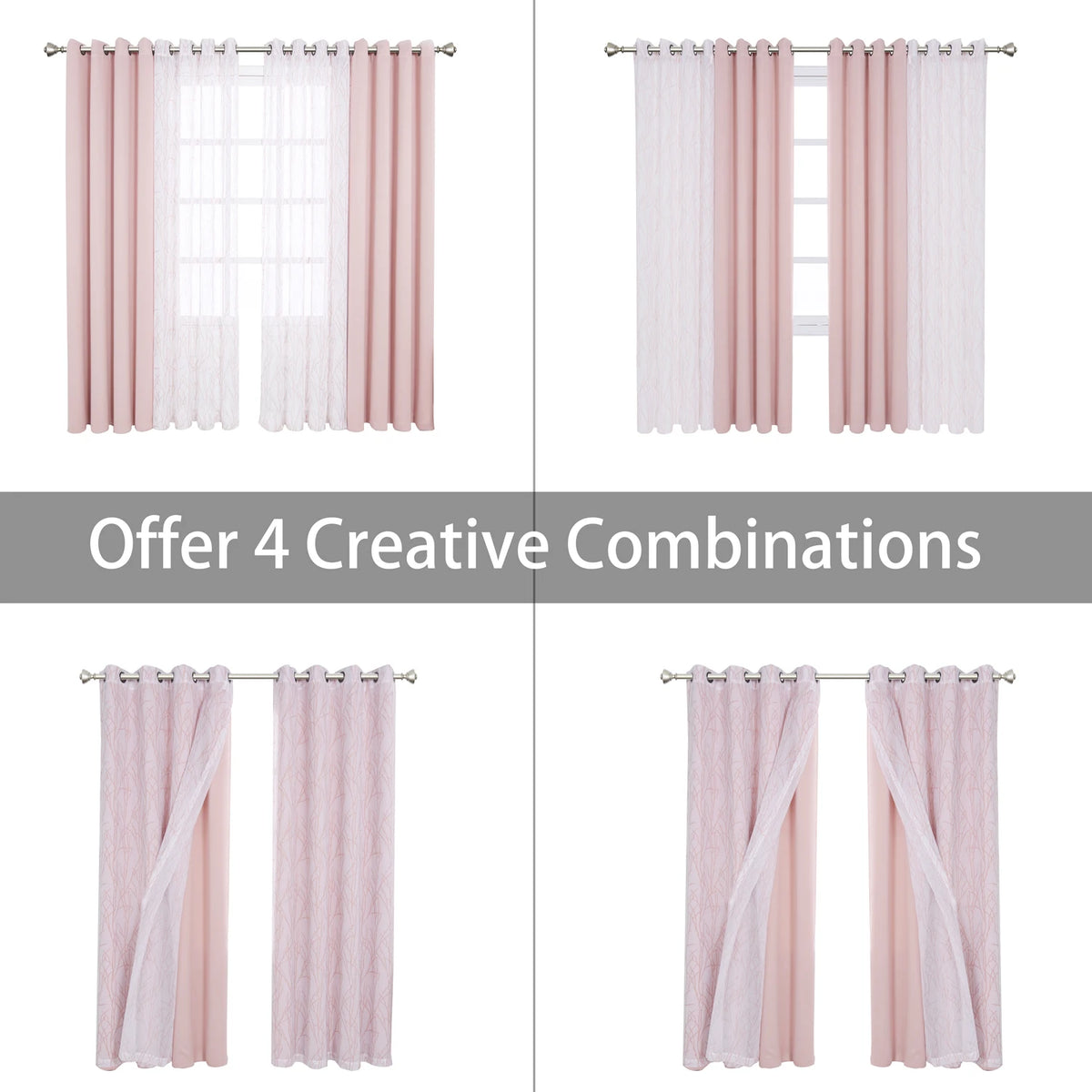 Four creative combinations of dual layer window curtains featuring pink and sheer fabric.