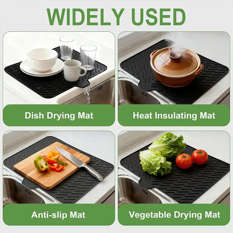A set of black silicone mats used for dish drying, heat insulating, anti-slip, and vegetable drying.