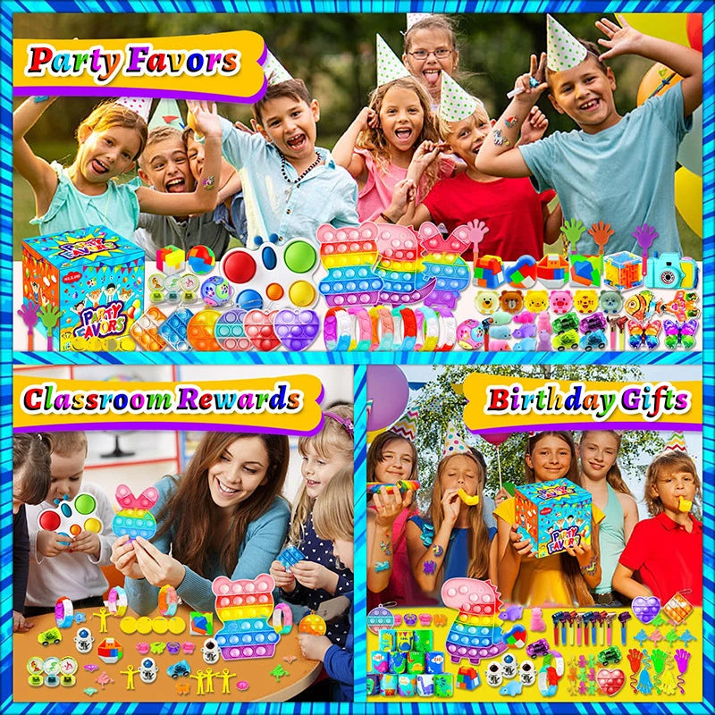 A colorful assortment of party favors including snap bracelets, fidget toys, and various small toys for kids.