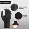 A close-up view of black nitrile work gloves showing features like impregnated rubber, woven interior, and elastic rib dust p