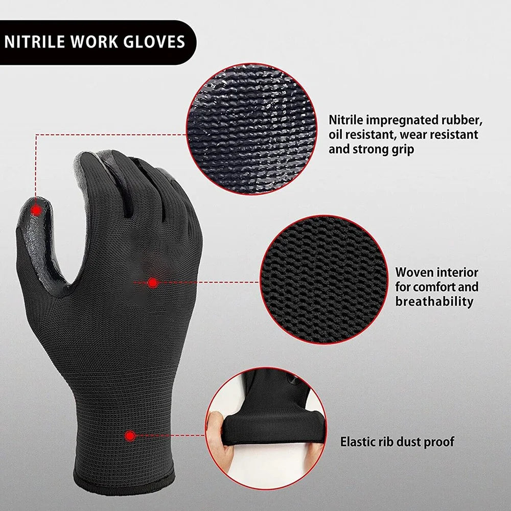 A close-up view of black nitrile work gloves showing features like impregnated rubber, woven interior, and elastic rib dust p