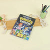 A comic book set titled Physics & Chemistry featuring characters and illustrations, next to colored pencils.