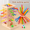 A wooden stick pulling game featuring a tower of colored sticks and a small ball on a base.