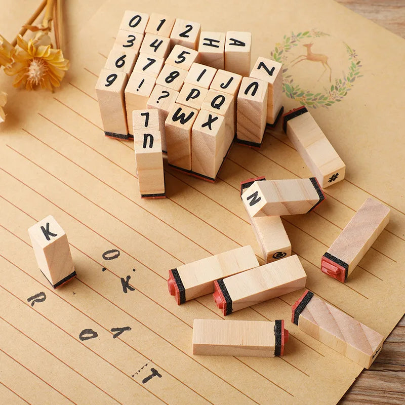 Vintage Wooden Rubber Stamp Set with Ink Pad