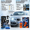 A kit for headlight and glass restoration featuring oil film remover and water repellent products shown on a car.