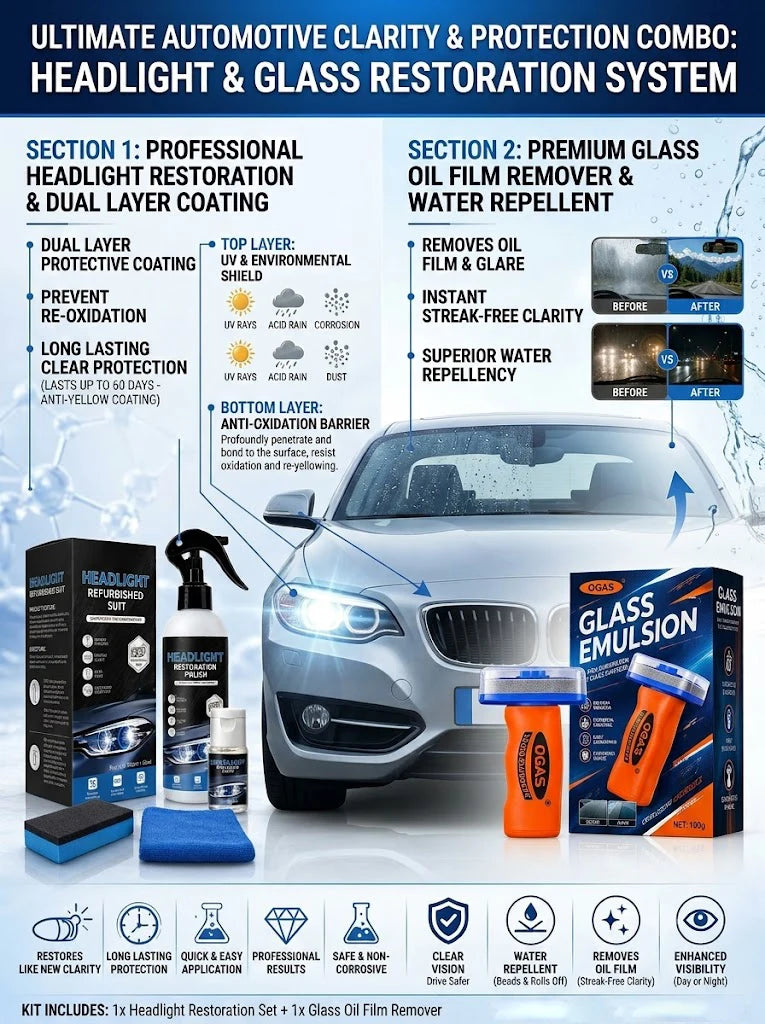 A kit for headlight and glass restoration featuring oil film remover and water repellent products shown on a car.
