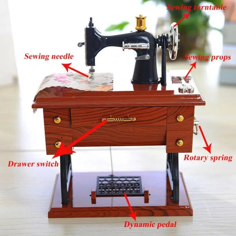 A vintage clockwork sewing machine with a wooden base, needle, sewing props, and a dynamic pedal.