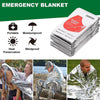 Emergency blanket product showing various uses including protection from heat, moisture, and wind.