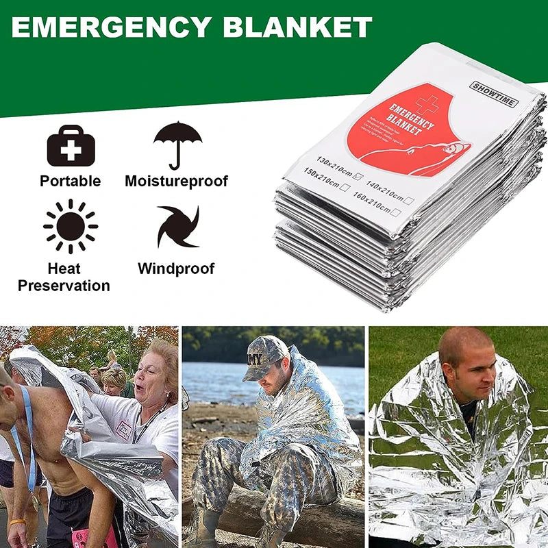 Emergency blanket product showing various uses including protection from heat, moisture, and wind.