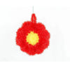 A bright red, fluffy acrylic non-stick dish sponge with a yellow center.