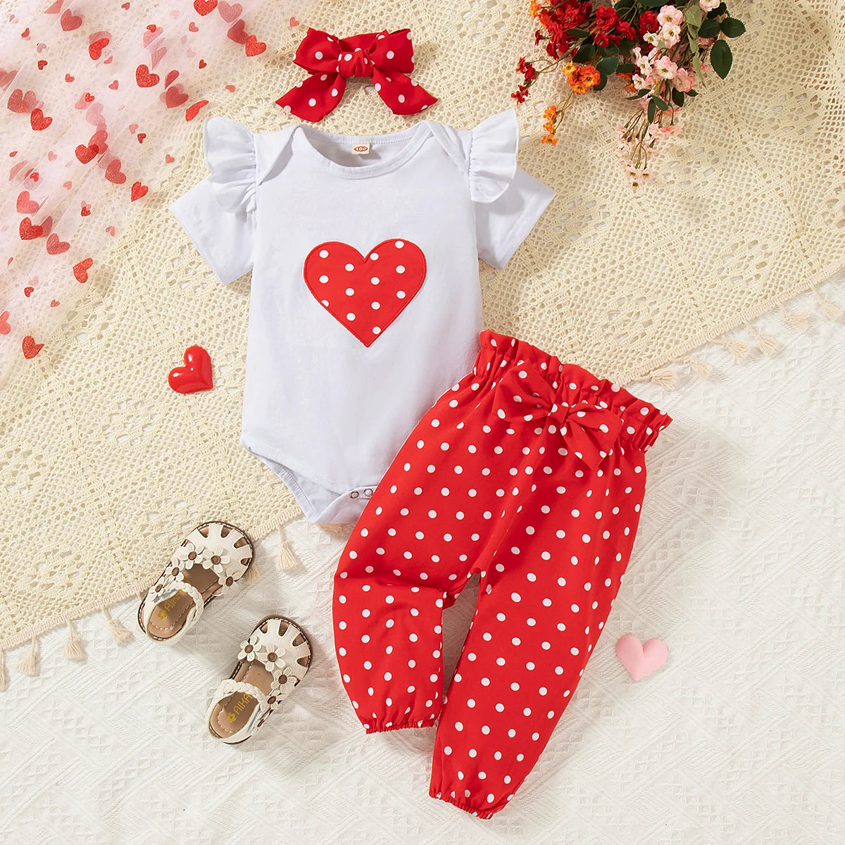 Adorable Heart Print Baby Girl Outfit Set (Romper, Pants & Headband)