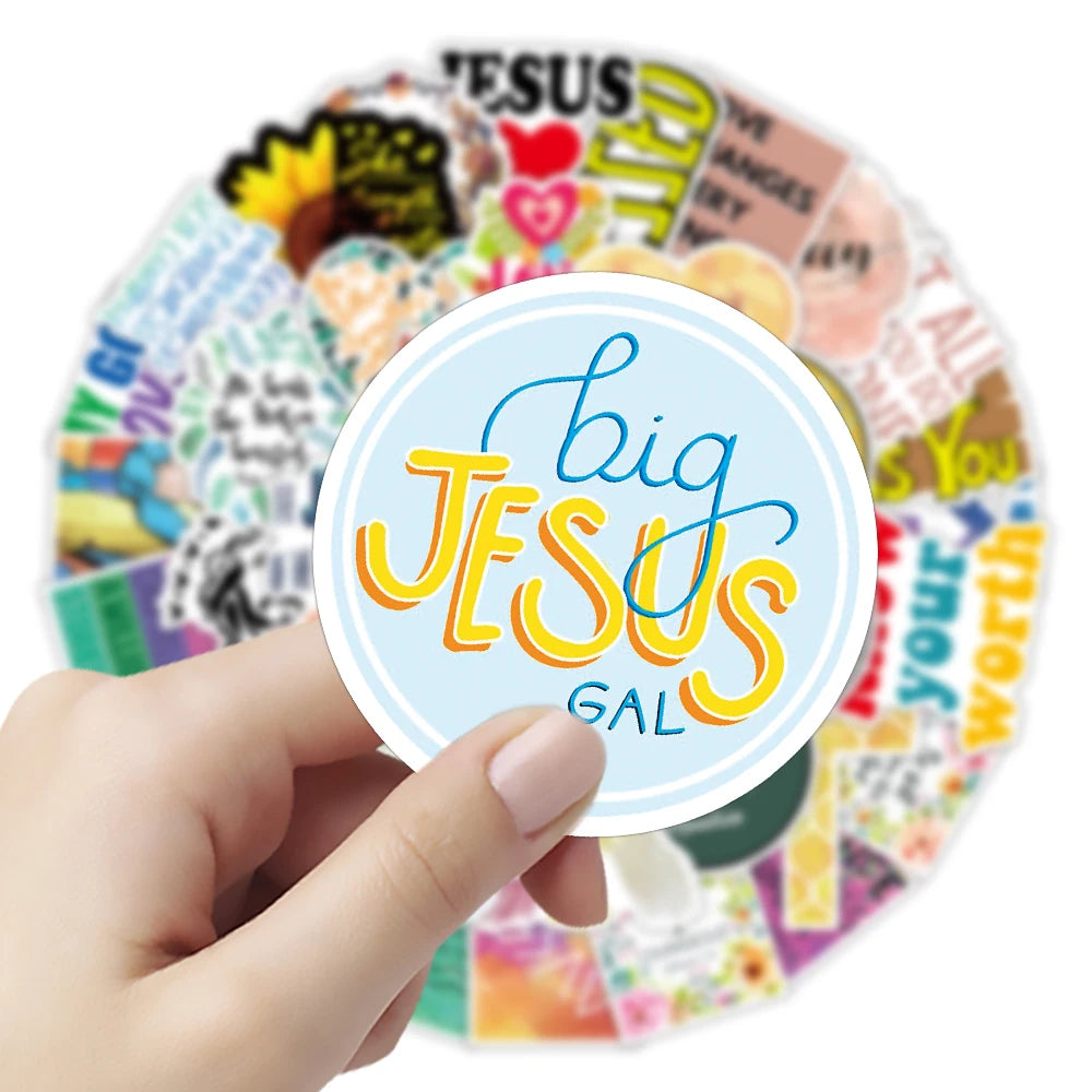 A hand holds a circular sticker pack featuring inspirational Bible verses and Christian decals.