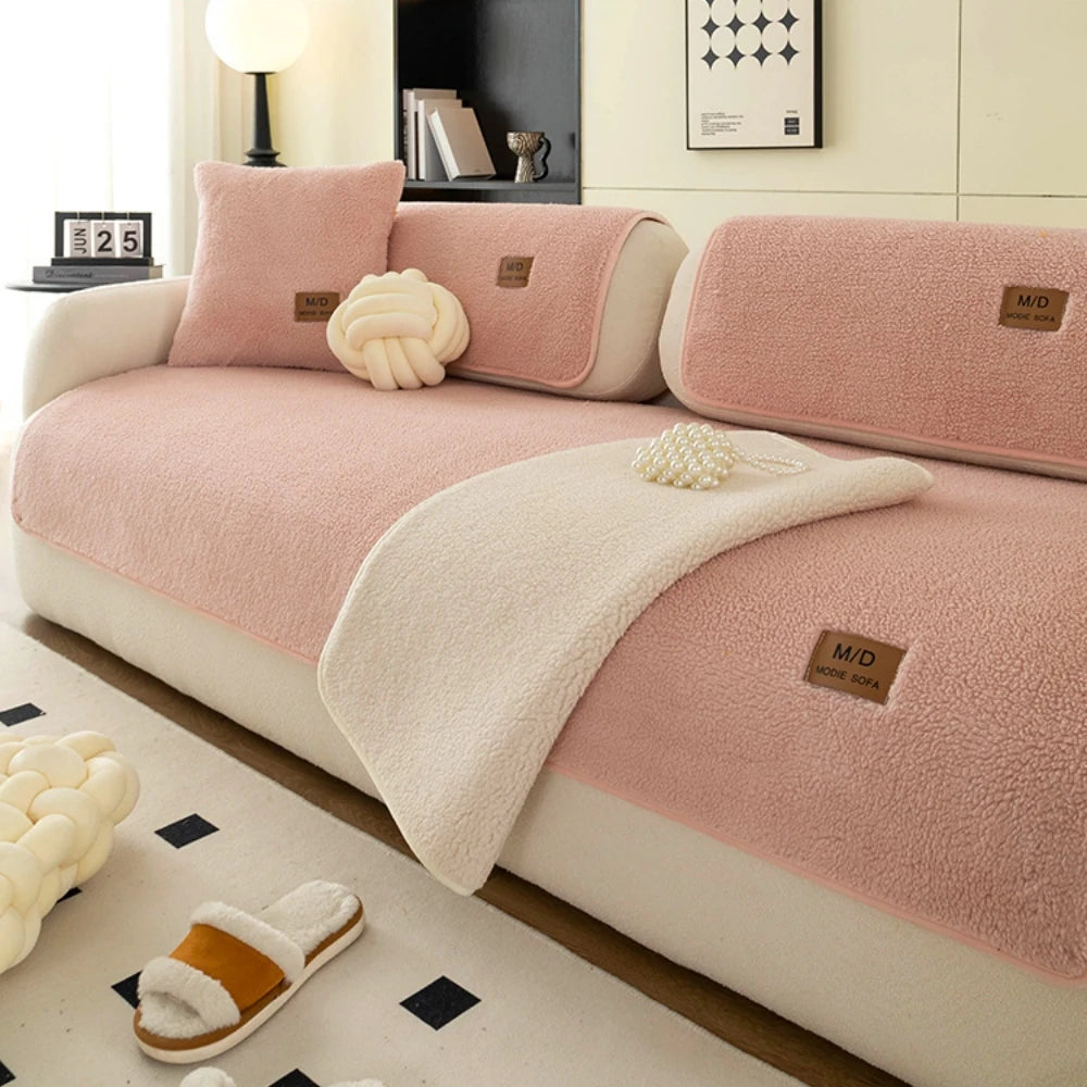 Housse de canapé sherpa rose assortie avec coussins et plaid sur un canapé clair.