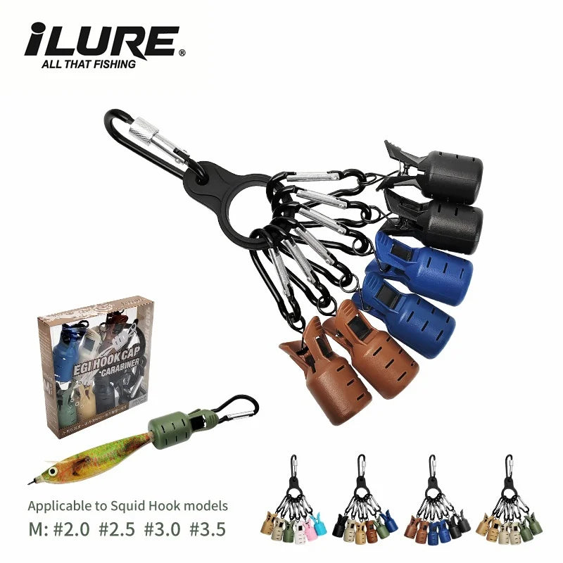 A set of squid hook models and a jig hook protector kit with carabiners.