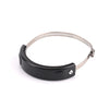 A black universal dirt bike exhaust guard with a silver metal ring and mounting hardware.