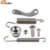 Set of motorcycle side stand components including a metal hook, coil springs, and fasteners