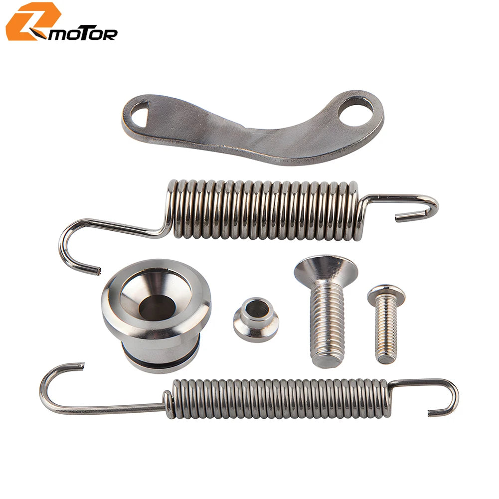 Set of motorcycle side stand components including a metal hook, coil springs, and fasteners