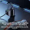 A black multi port car charger with a flexible cable is shown against a dark surface.