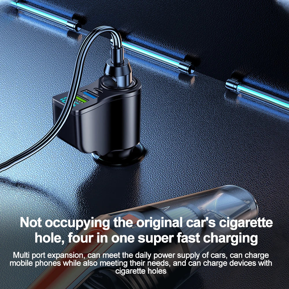A black multi port car charger with a flexible cable is shown against a dark surface.
