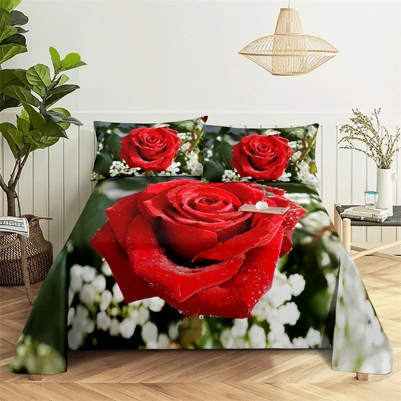 Red rose 3D digital print bedding set featuring a large red rose design on a green background