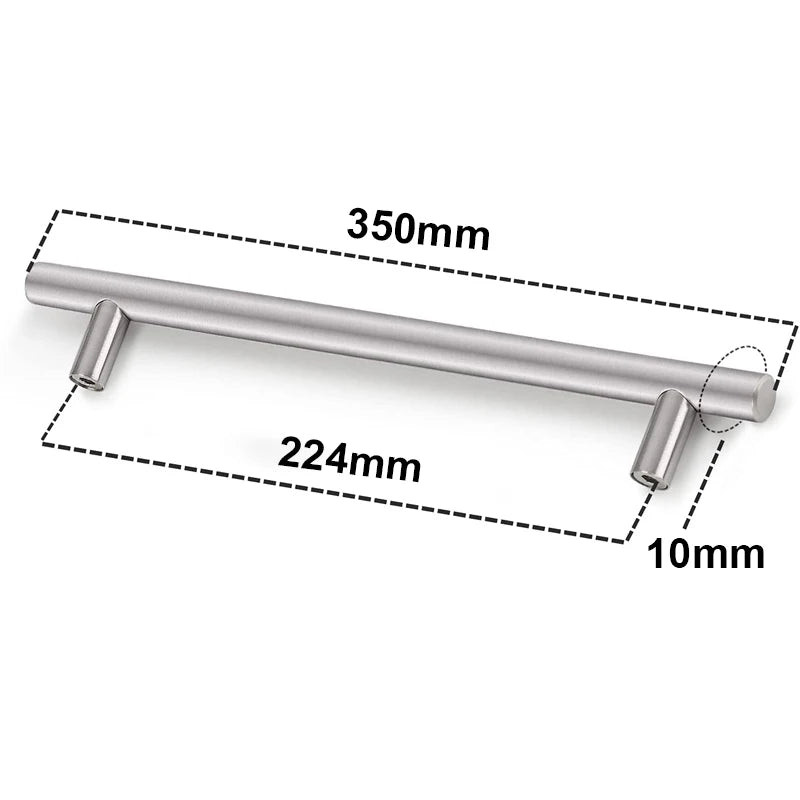 Moderne Edelstahl-T-Bar-Schrankgriffe mit 350 mm Länge und 10 mm Durchmesser.