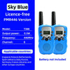 Two blue PMR446 version walkie talkies with black antennas and flashlights