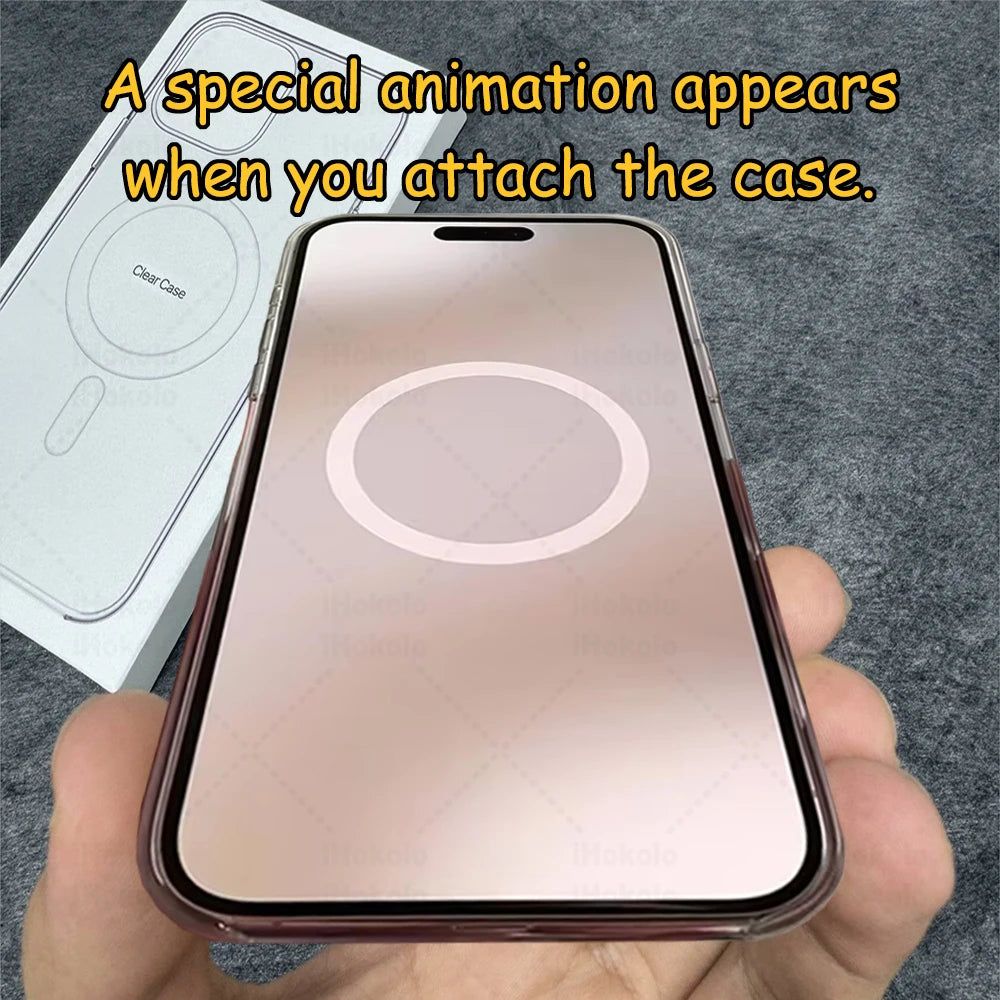 A pink iPhone is shown being attached to a clear magnetic case, with an animation appearing.