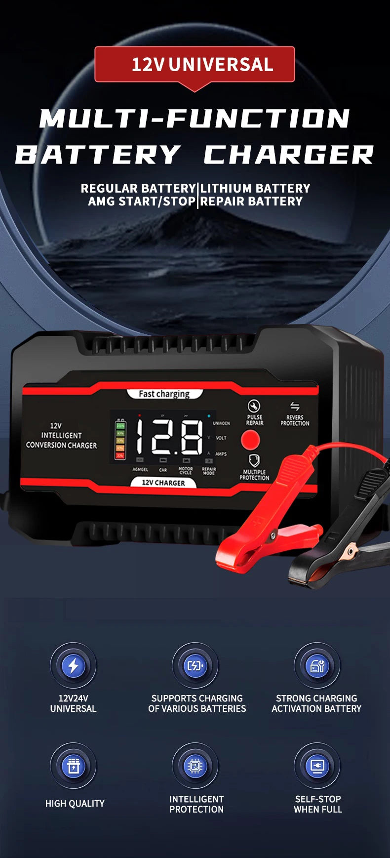 Smart 12V 6A Battery Charger with 7-Stage Pulse Repair