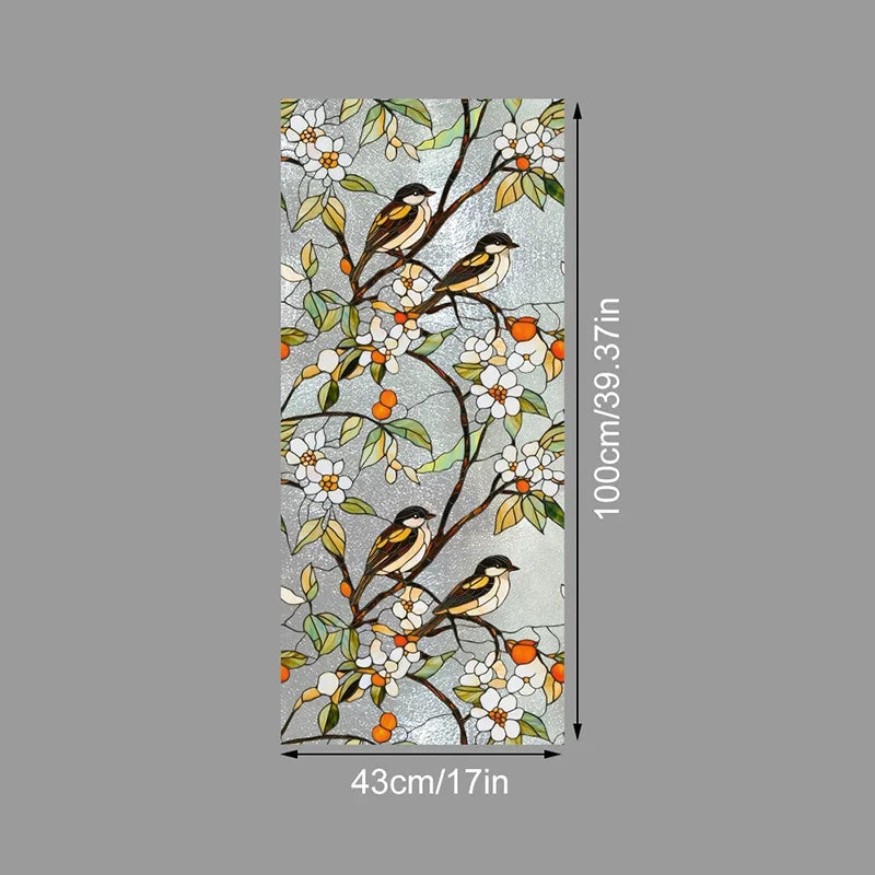 Floral stained glass window film featuring birds and white flowers on a gray background