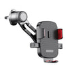 A black universal gravity car phone holder with a hook clip and adjustable clamp mechanism.