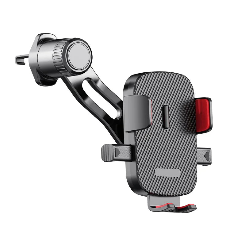 A black universal gravity car phone holder with a hook clip and adjustable clamp mechanism.