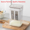 A clear plastic yogurt strainer with a fine mesh filter is shown over a wooden cutting board.