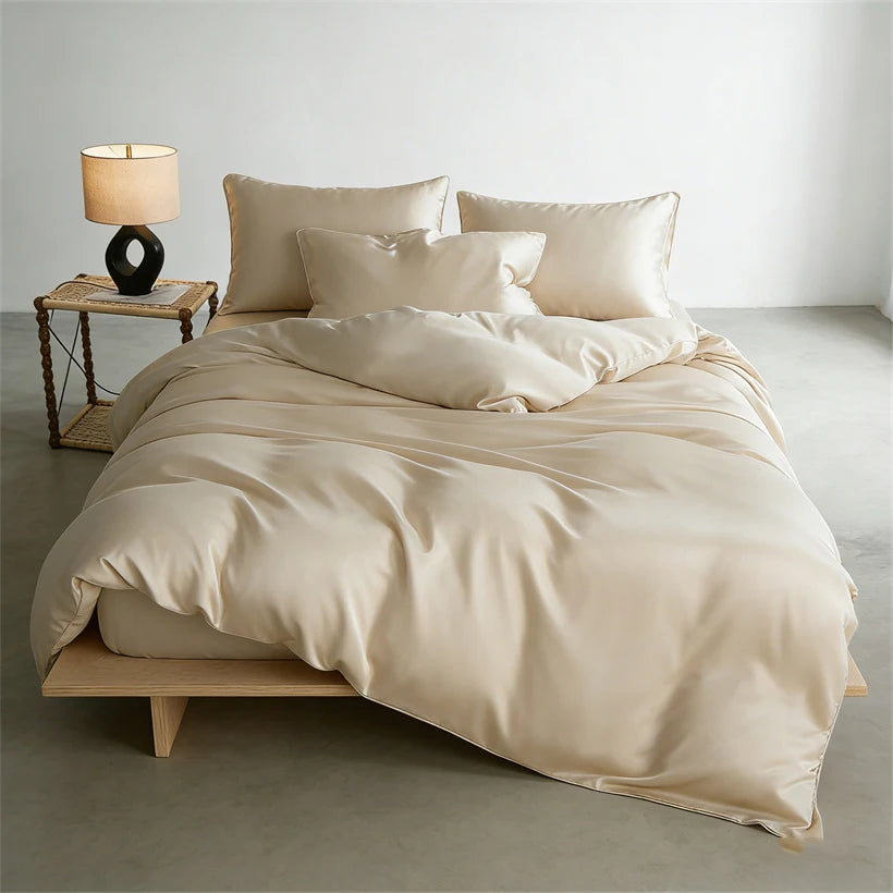 A beige luxury mulberry silk duvet cover set displayed on a bed with matching pillows and a bedside lamp.
