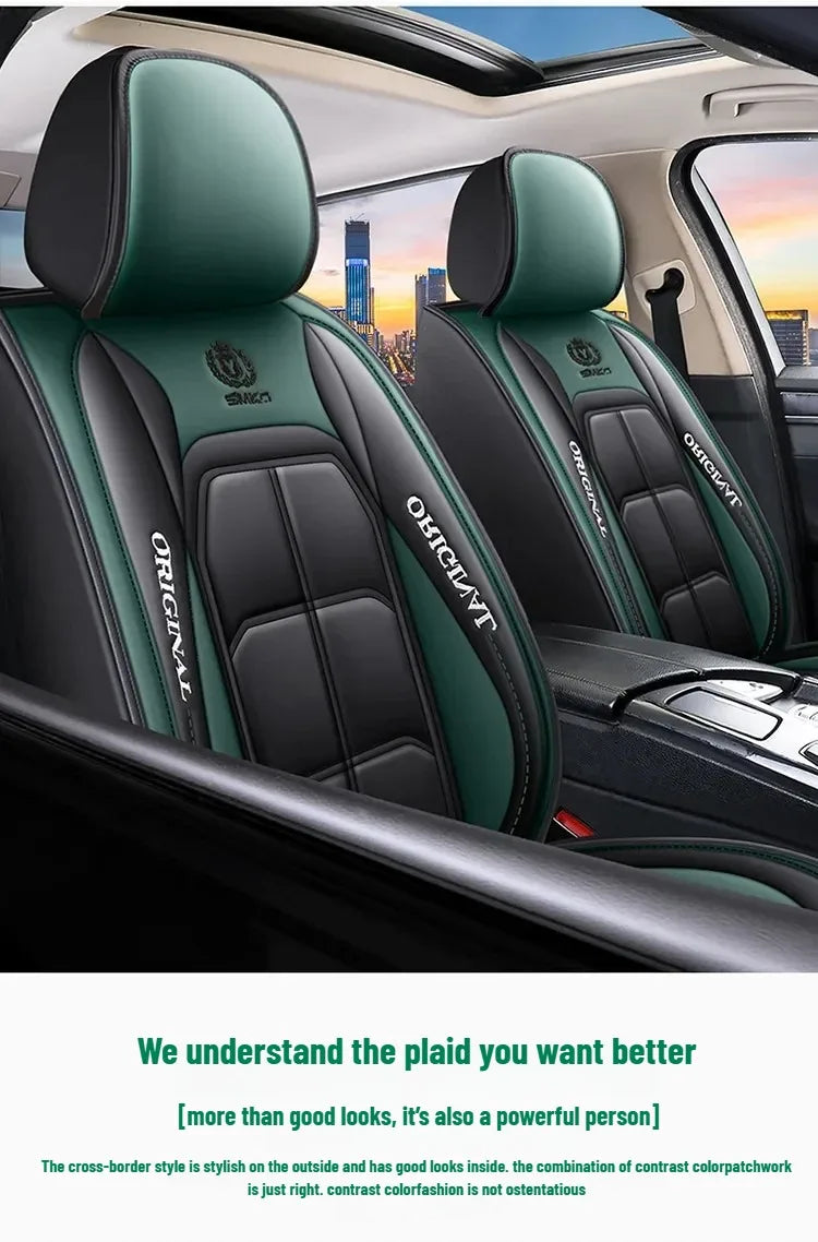 Interior view of a car seat with green and black plaid fabric covers on the seats