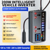 A gray 200W intelligent vehicle inverter with multiple ports and a digital display is shown connected to a power cord.