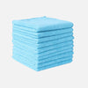 A stack of light blue microfiber cleaning towels.