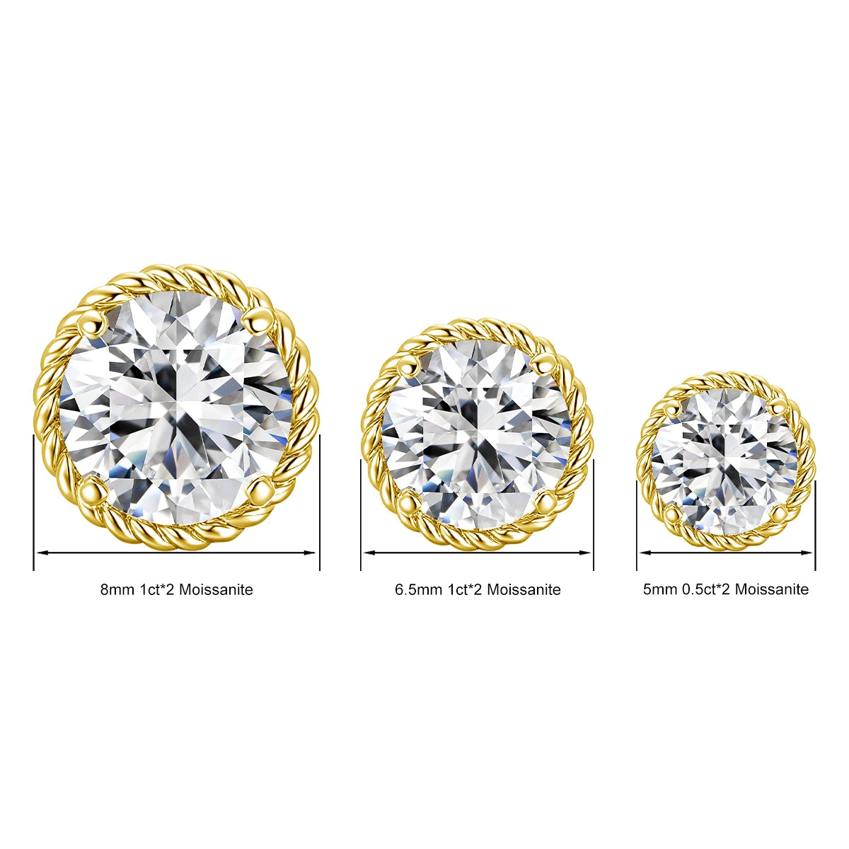 Three stud earrings featuring round clear stones set in gold filled metal with varying sizes and accents.