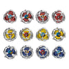 A set of nine precision metal spinning tops featuring various colors and designs.